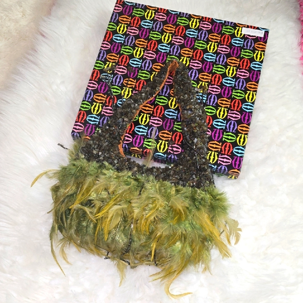 Michel Angelo Feathered Beaded Bag Green Feathered Handbag